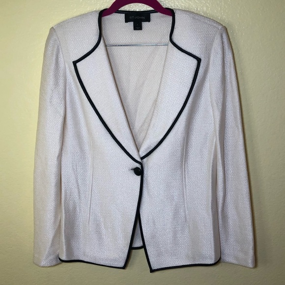 St. John Leather Trim Micro Textured Knit old money preppy Blazer size 6 - Picture 3 of 14